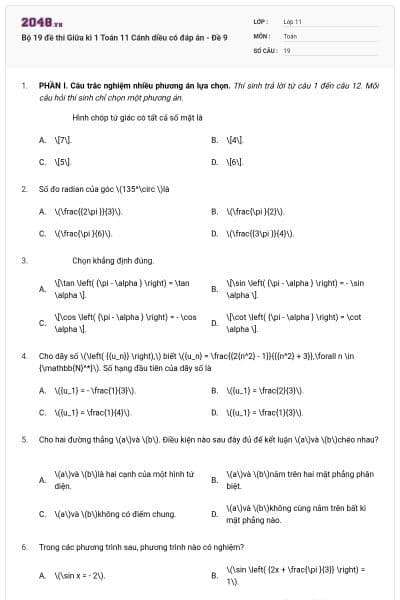Bộ 19 đề thi Giữa kì 1 Toán 11 Cánh diều có đáp án - Đề 9
