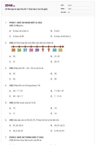 20 Bài tập ôn tập Chủ đề 1 Toán lớp 2 (có lời giải)