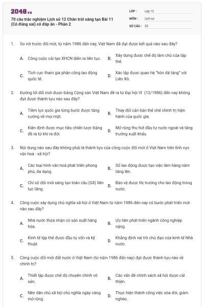 70 câu trắc nghiệm Lịch sử 12 Chân trời sáng tạo Bài 11 (Có đúng sai) có đáp án - Phần 2