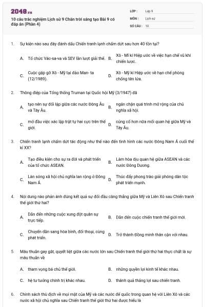 10 câu trắc nghiệm Lịch sử 9 Chân trời sáng tạo Bài 9 có đáp án (Phần 4)