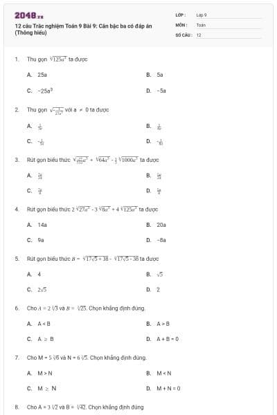 12 câu Trắc nghiệm Toán 9 Bài 9: Căn bậc ba có đáp án (Thông hiểu)