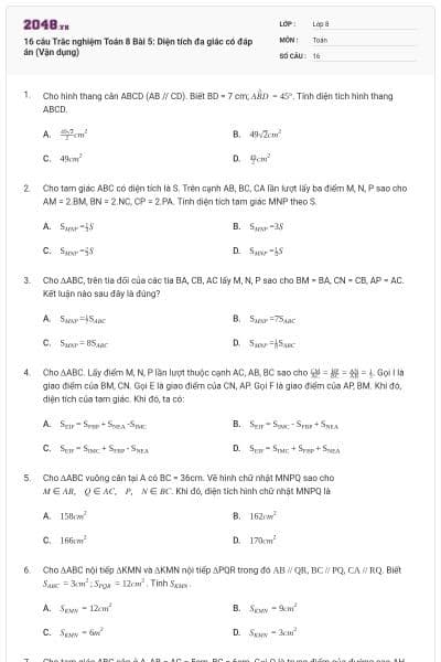16 câu Trắc nghiệm Toán 8 Bài 5: Diện tích đa giác có đáp án (Vận dụng)