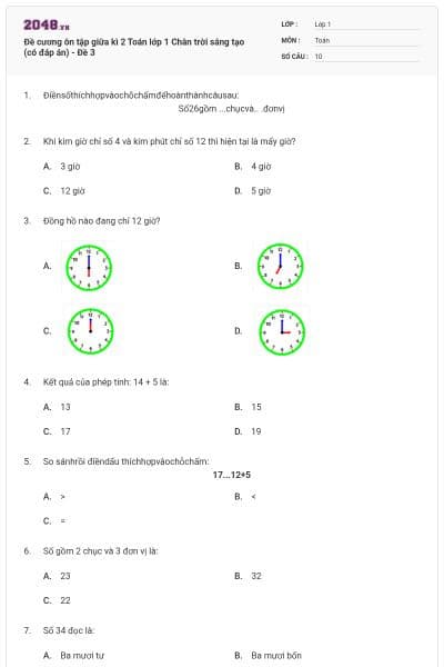 Đề cương ôn tập giữa kì 2 Toán lớp 1 Chân trời sáng tạo (có đáp án) - Đề 3