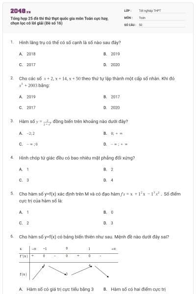 Tổng hợp 25 đề thi thử thpt quốc gia môn Toán cực hay, chọn lọc có lời giải (Đề số 16)