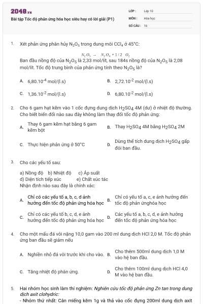 Bài tập Tốc độ phản ứng hóa học siêu hay có lời giải (P1)