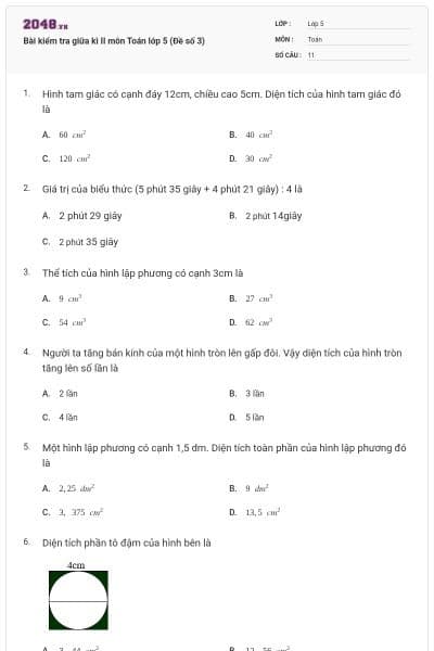 Bài kiểm tra giữa kì II môn Toán lớp 5 (Đề số 3)