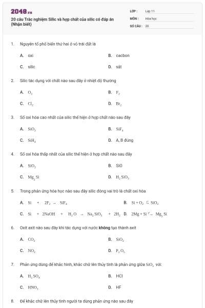 20 câu  Trắc nghiệm Silic và hợp chất của silic có đáp án (Nhận biết)
