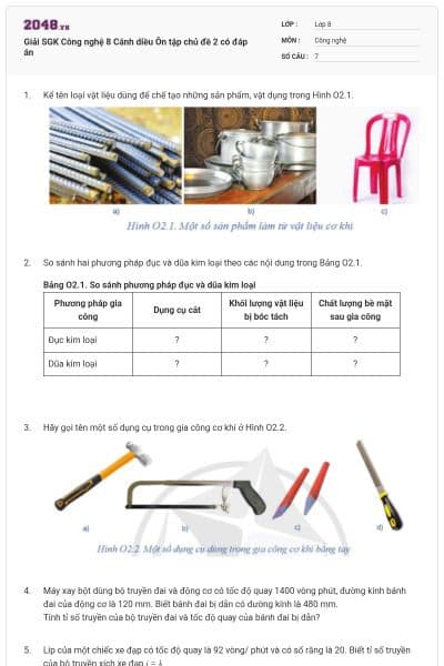 Giải SGK Công nghệ 8 Cánh diều Ôn tập chủ đề 2 có đáp án