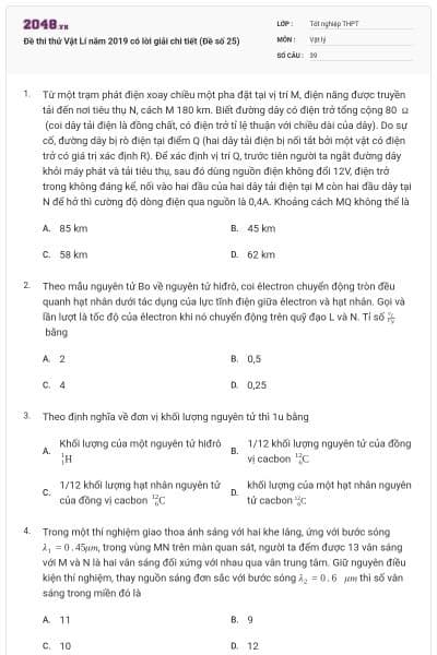 Đề thi thử Vật Lí năm 2019 có lời giải chi tiết (Đề số 25)