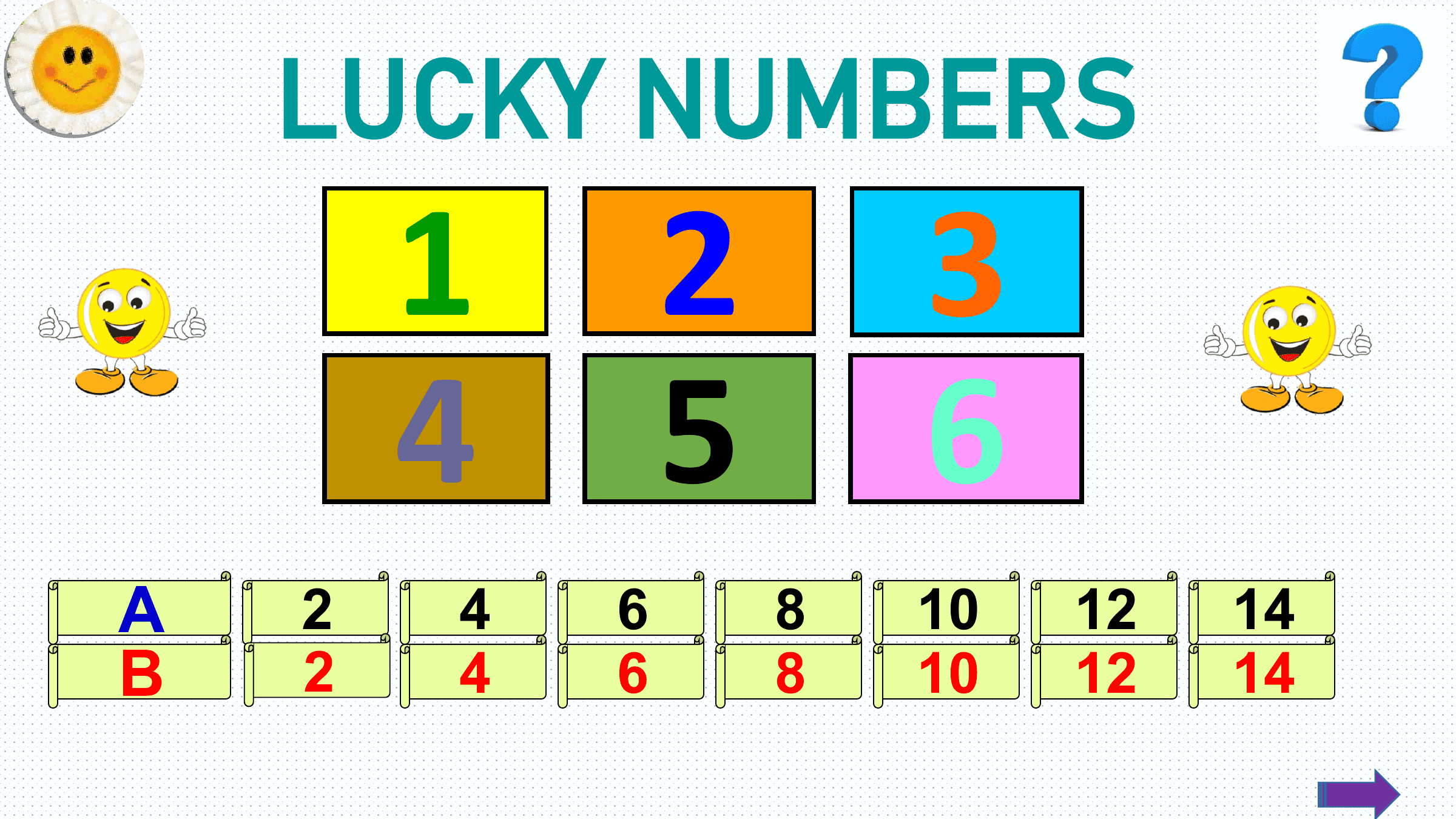 LUCKY NUMBERS
 1 2 3
 4 5 6
A 2 4 6 8 10 12 14
B 2 4 6 8 10 12 14