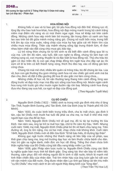 Đề cương ôn tập cuối kì 2 Tiếng Việt lớp 5 Chân trời sáng tạo (có đáp án) - Phần đọc