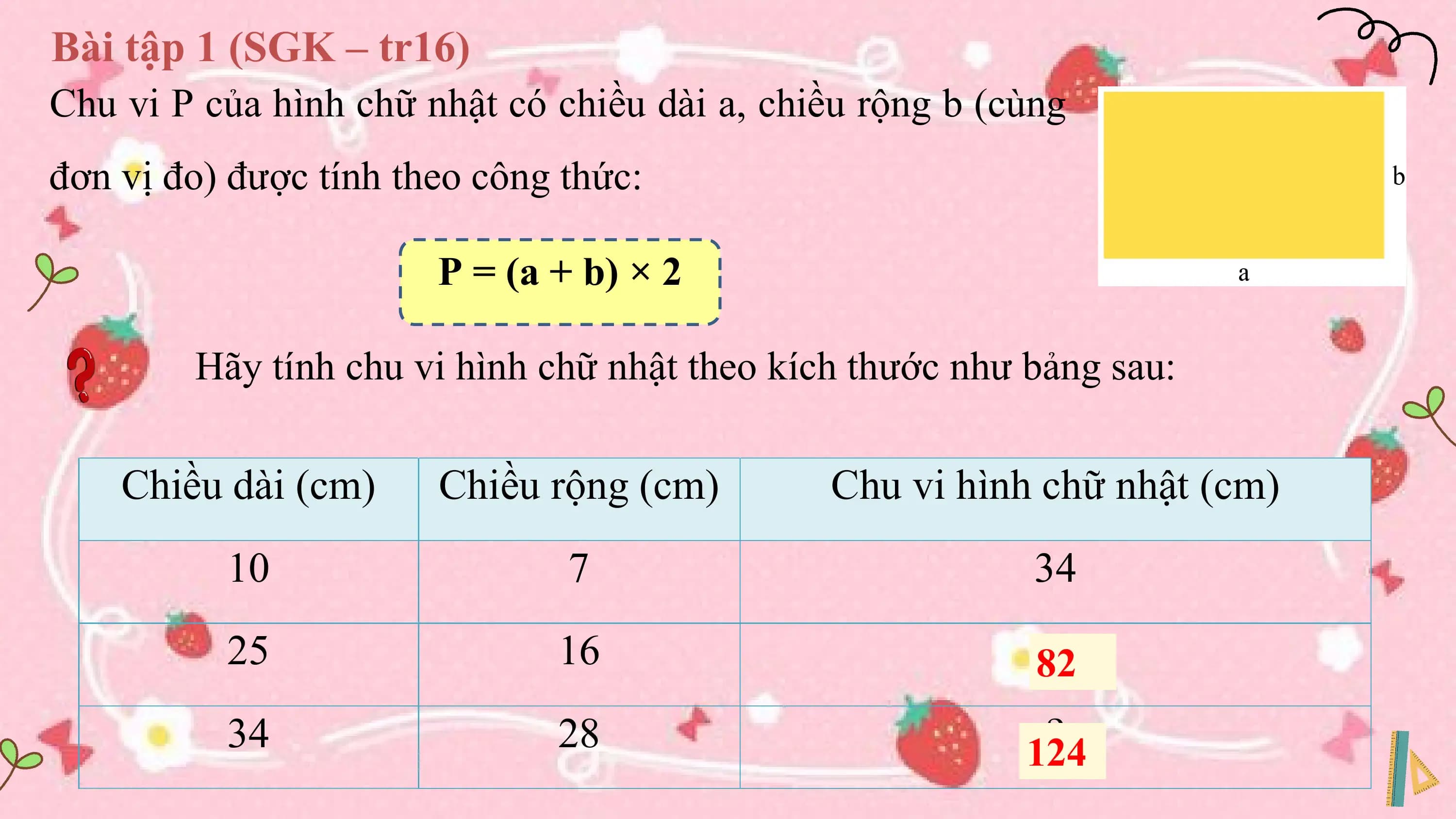 Bài tập 1 (SGK – tr16)
Chu vi P của hình chữ nhật có chiều dài a, chiều rộng b (cùng
đơn vị đo) được tính theo công thức:

 P = (a + b) × 2

 Hãy tính chu vi hình chữ nhật theo kích thước như bảng sau:

 Chiều dài (cm) Chiều rộng (cm) Chu vi hình chữ nhật (cm)
 10 7 34
 25 16 ?
 82
 34 28 ?
 124
