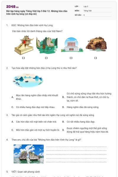 Bài tập hàng ngày Tiếng Việt lớp 5 Bài 12. Những hòn đảo trên vịnh hạ long (có đáp án)