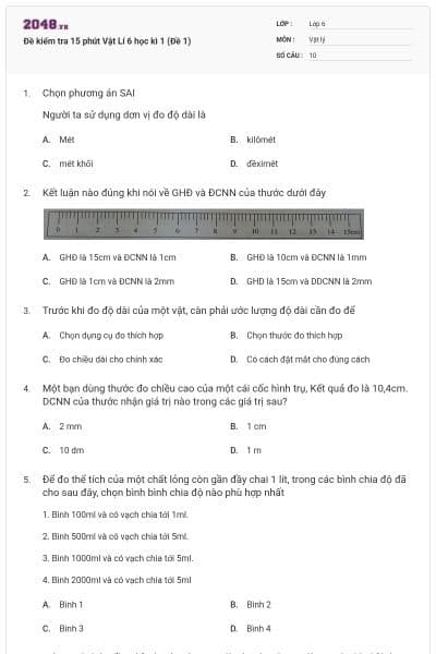 Đề kiểm tra 15 phút Vật Lí 6 học kì 1 (Đề 1)