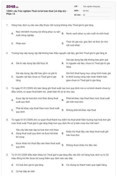 1000+ câu Trắc nghiệm Thuế và kế toán thuế (có đáp án) - Phần 14