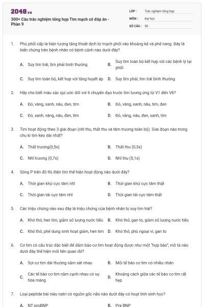 300+ Câu trắc nghiệm tổng hợp Tim mạch có đáp án - Phần 9