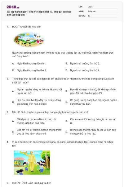 Bài tập hàng ngày Tiếng Việt lớp 5 Bài 17. Thư gửi các học sinh (có đáp án)