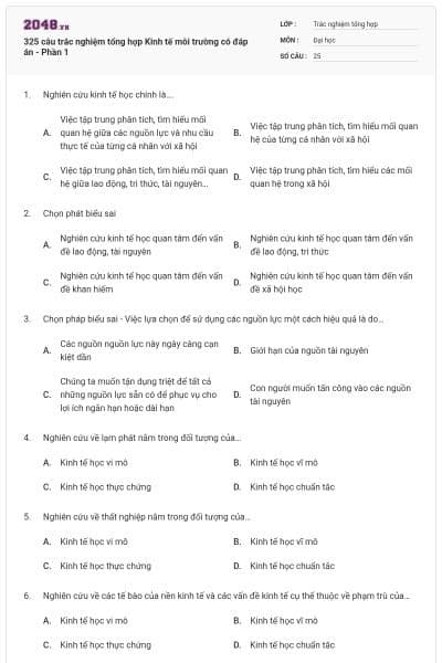325 câu trắc nghiệm tổng hợp Kinh tế môi trường có đáp án - Phần 1