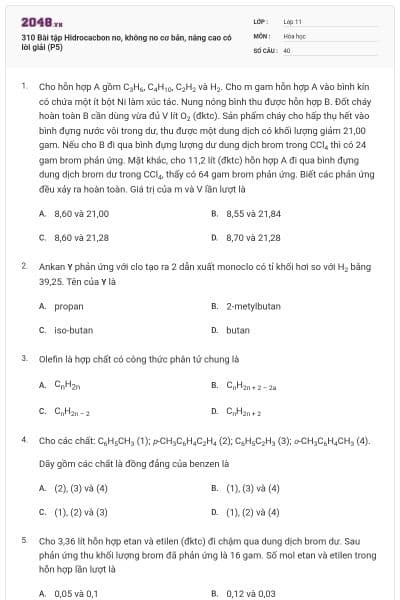 310 Bài tập Hidrocacbon no, không no cơ bản, nâng cao có lời giải (P5)