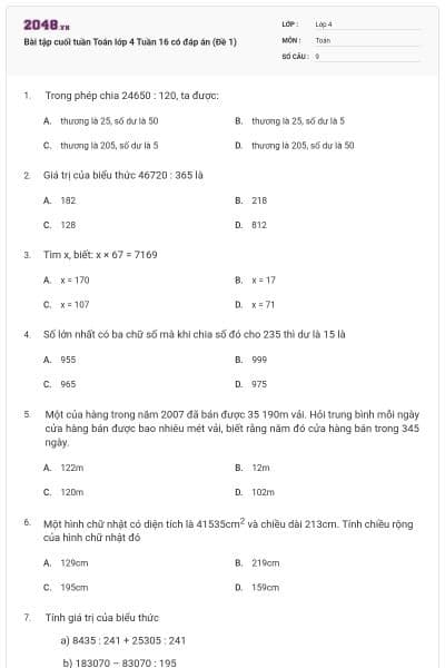 Bài tập cuối tuần Toán lớp 4 Tuần 16 có đáp án (Đề 1)