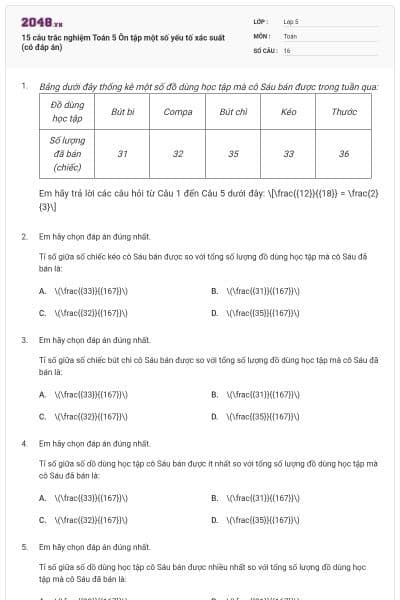 15 câu trắc nghiệm Toán 5 Ôn tập một số yếu tố xác suất (có đáp án)