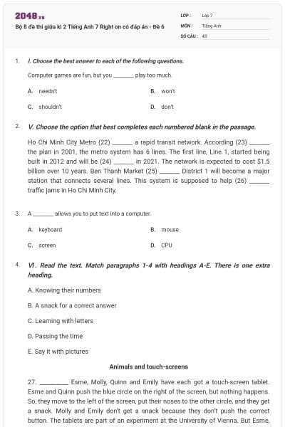 Bộ 8 đề thi giữa kì 2 Tiếng Anh 7 Right on có đáp án - Đề 6