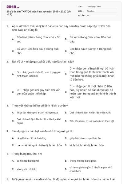 20 đề thi thử THPTQG môn Sinh học năm 2019 - 2020 (Đề số 8)