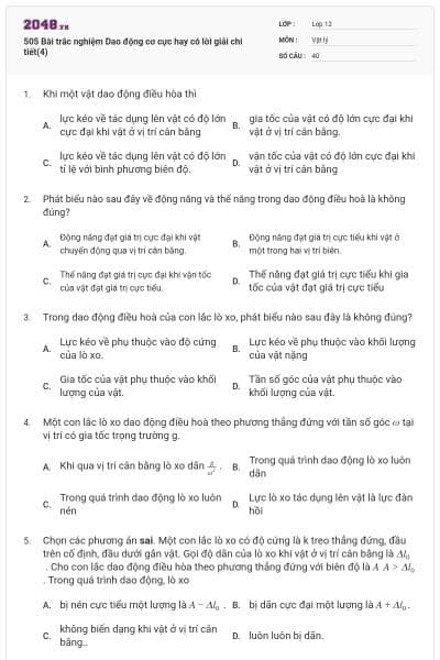 505 Bài trắc nghiệm Dao động cơ cực hay có lời giải chi tiết(4)