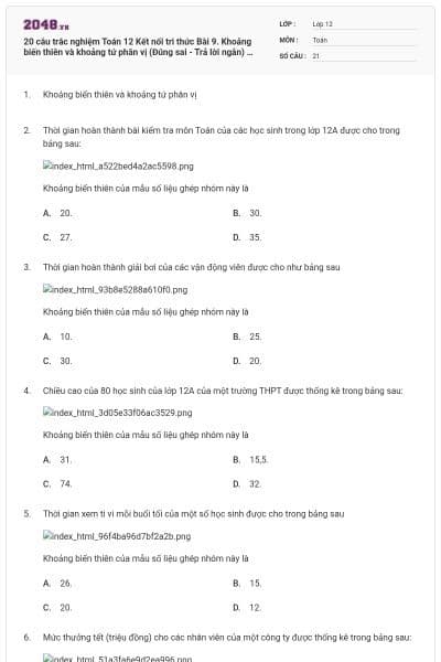 20 câu trắc nghiệm Toán 12 Kết nối tri thức Bài 9. Khoảng biến thiên và khoảng tứ phân vị (Đúng sai - Trả lời ngắn) có đáp án
