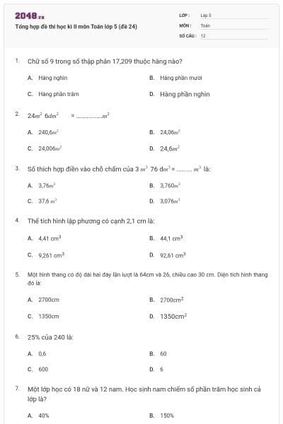 Tổng hợp đề thi học kì II môn Toán lớp 5 (đề 24)