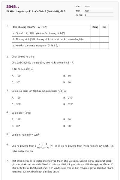 Đề kiểm tra giữa học kì 2 môn Toán 9 ( Mới nhất)_ đề 3