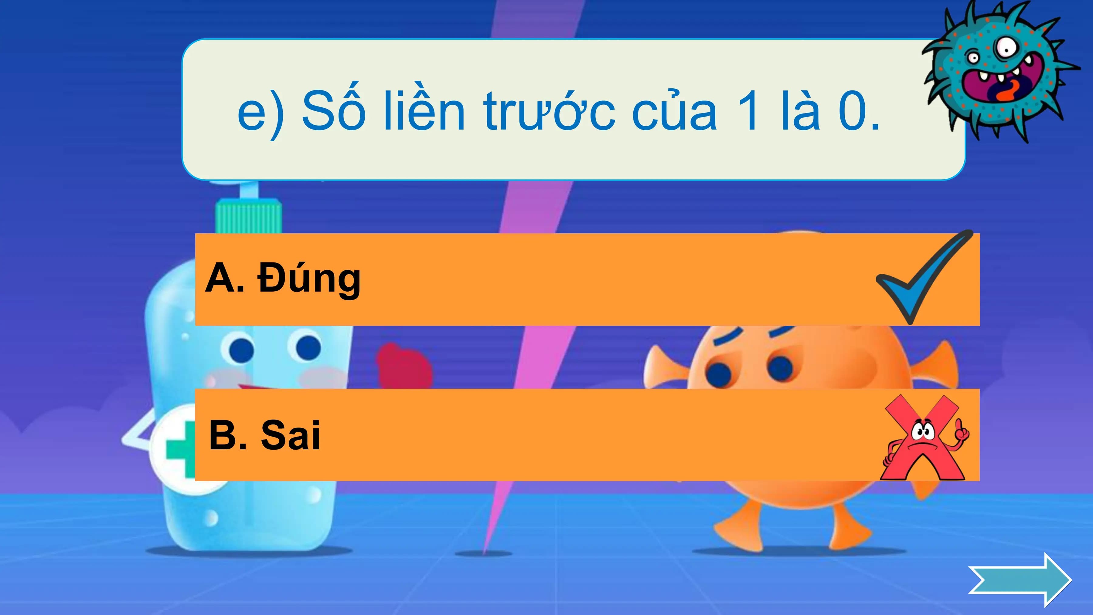 e) Số liền trước của 1 là 0.

A. Đúng

B. Sai