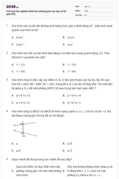210 câu trắc nghiêm Hình học không gian cực hay có lời giải (P5)