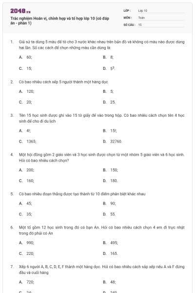 Trắc nghiệm Hoán vị, chỉnh hợp và tổ hợp lớp 10 (có đáp án - phần 1)