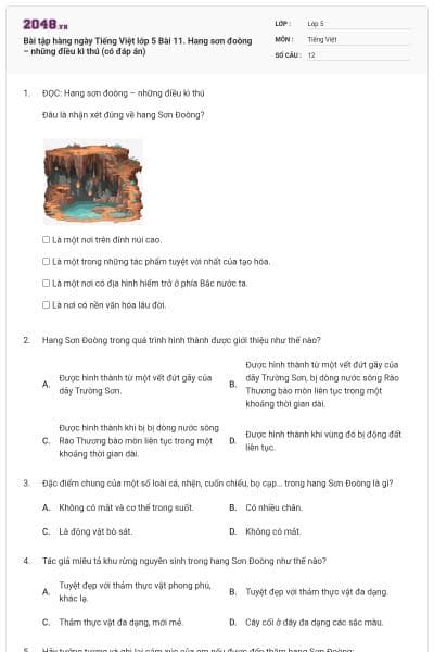Bài tập hàng ngày Tiếng Việt lớp 5 Bài 11. Hang sơn đoòng – những điều kì thú (có đáp án)