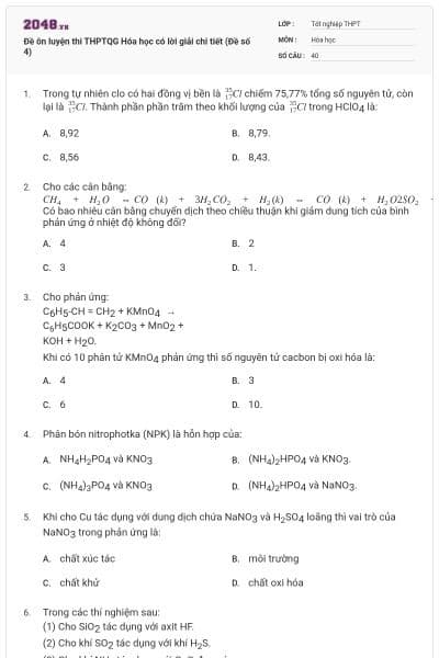 Đề ôn luyện thi THPTQG Hóa học có lời giải chi tiết (Đề số 4)