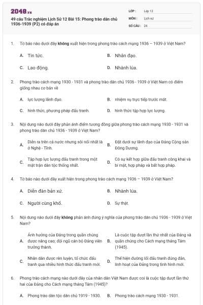 49 câu Trắc nghiệm Lịch Sử 12 Bài 15: Phong trào dân chủ 1936-1939 (P2) có đáp án