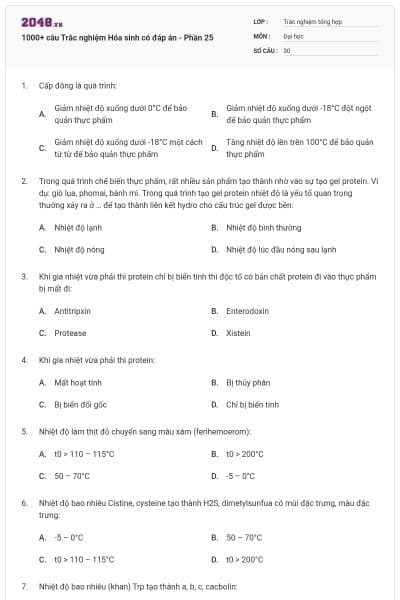 1000+ câu Trắc nghiệm Hóa sinh có đáp án - Phần 25