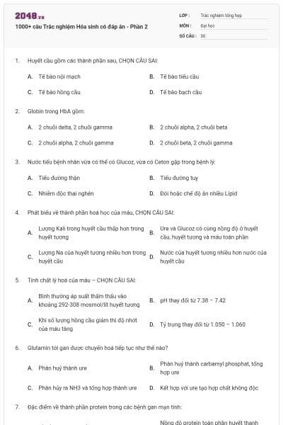 1000+ câu Trắc nghiệm Hóa sinh có đáp án - Phần 2