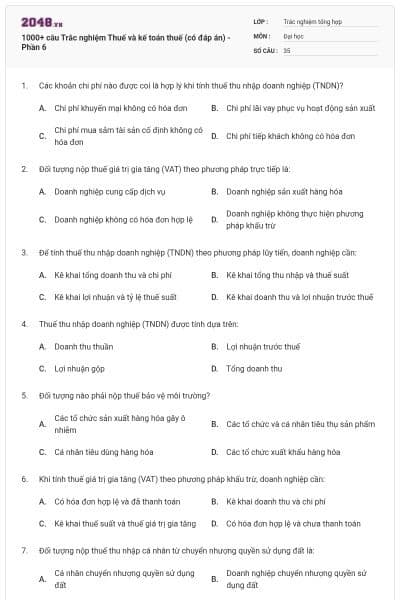 1000+ câu Trắc nghiệm Thuế và kế toán thuế (có đáp án) - Phần 6