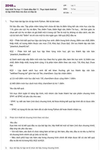 Giải SGK Tin học 11 Cánh diều Bài 11. Thực hành thiết kế và lập trình theo mo đun có đáp án