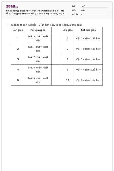 Phiếu bài tập hàng ngày Toán lớp 5 Cánh diều Bài 81. Mô tả số lần lặp lại của một kết quả có thể xảy ra trong một số trò chơi đơn giản (có lời giải)