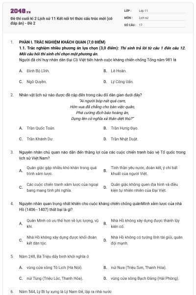 Đề thi cuối kì 2 Lịch sử 11 Kết nối tri thức cấu trúc mới (có đáp án) - Đề 2