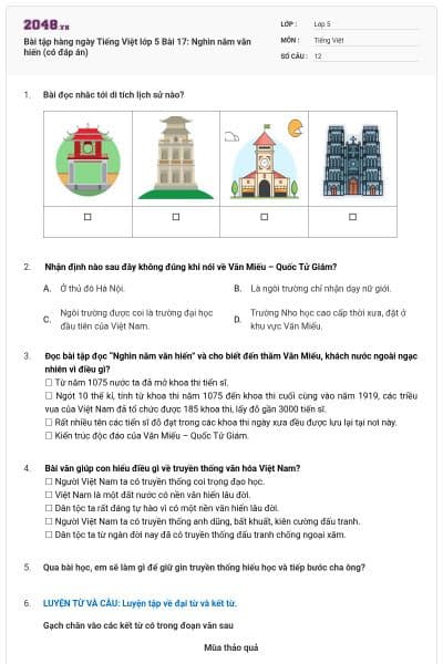 Bài tập hàng ngày Tiếng Việt lớp 5 Bài 17: Nghìn năm văn hiến (có đáp án)