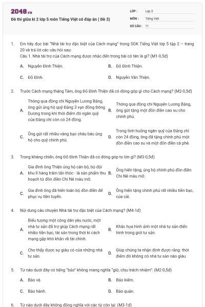 Đề thi giữa kì 2 lớp 5 môn Tiếng Việt có đáp án ( Đề 3)