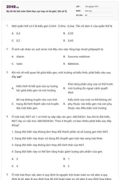 Bộ đề thi thử môn Sinh Học cực hay có lời giải ( Đề số 9)