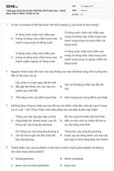 Tổng hợp 20 bộ đề thi thử THPTQG 2019 Sinh Học - Chinh phục điểm 9 điểm 10 (Đề số 16)