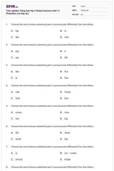 Trắc nghiệm Tiếng Anh lớp 4 Global Success Unit 11 Phonetics (có đáp án)
