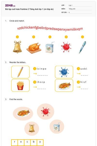 Bài tập cuối tuần Funtime 2 Tiếng Anh lớp 1 (có đáp án)