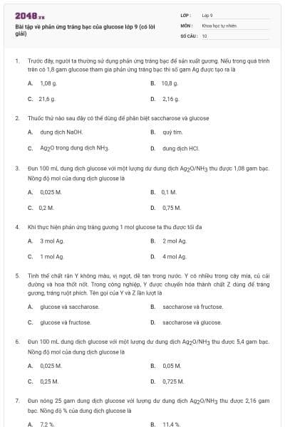 Bài tập về phản ứng tráng bạc của glucose lớp 9 (có lời giải)